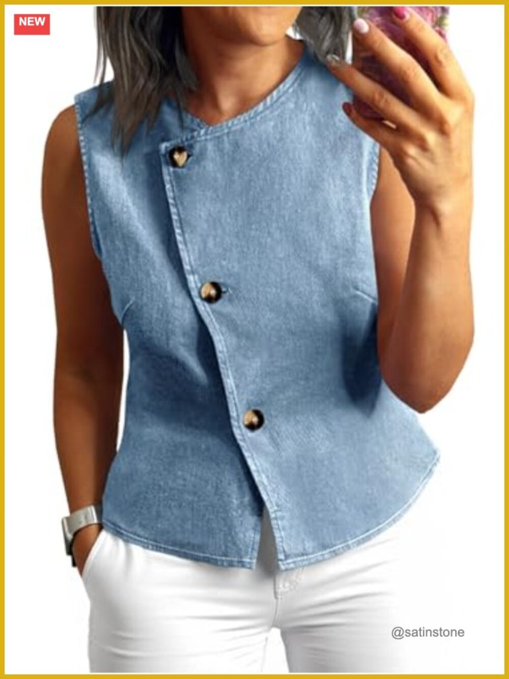 Womens Denim Vest Button Down Sleeveless Blazer Waistcoat